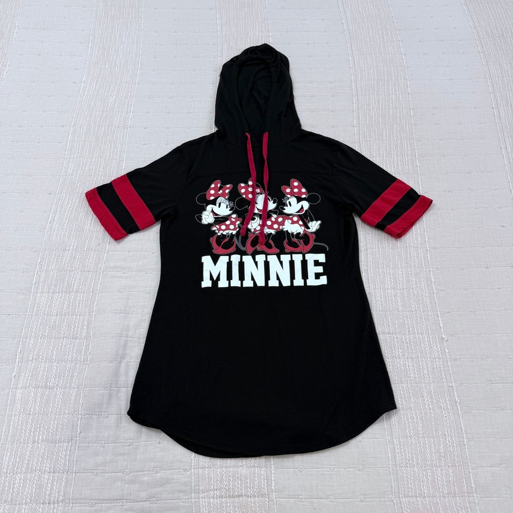 Disney Minnie Mouse Juniors S 3/5 Black Red Hooded Tunic Graphic Top